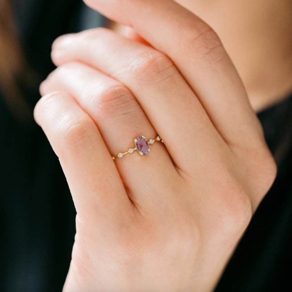 Sterling Silver Purple Oval Crystal Gold Ring - Picture 4 of 7